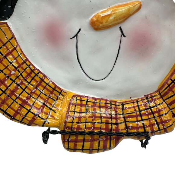 Christmas Snowman Candy Dish Plate Ceramic Pottery Trinket Scarf Yellow Black - Picture 5 of 12
